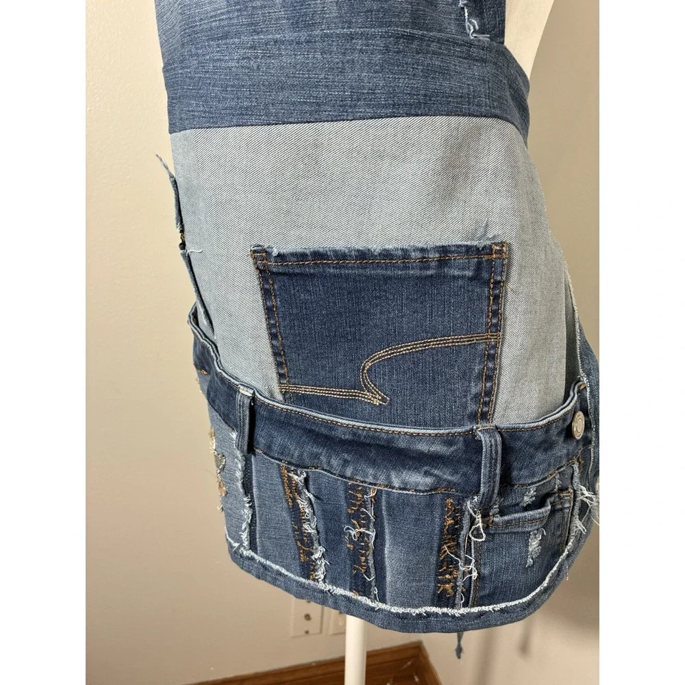 Handmade Recycled Denim Apron Blue OS Boho Tie Back Ajustable‎ Neck Strap
